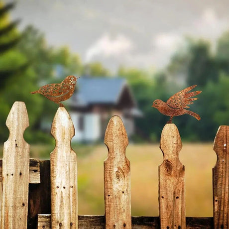 Set of Four Rusty Metal Bird Silhouettes Garden Fence Decor
