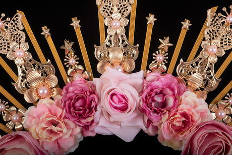 Pink Rose Pearls Sun Crown Headpiece Gothic Goddess Halo Headband