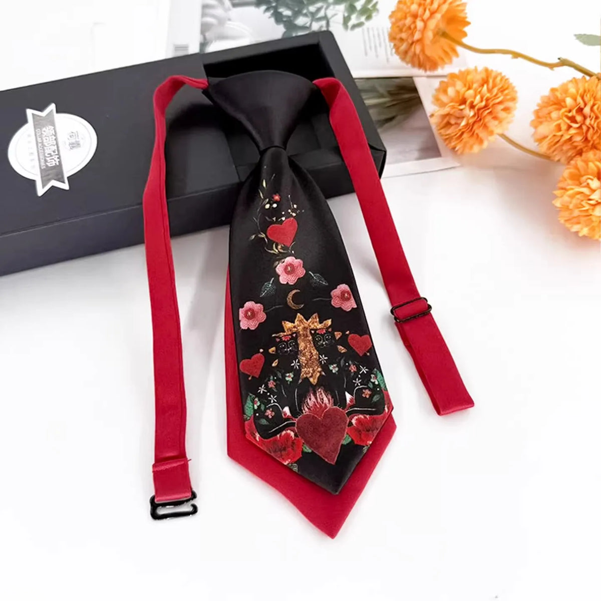 Flower Flaming Heart Necktie Men Women Double Layer Knot-free Ties For Shirt Boy Girls Performance