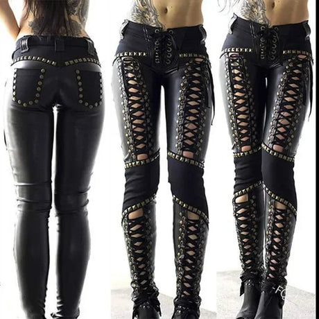 Punk Rock Laced Up Imitation Leather Skinny Pants