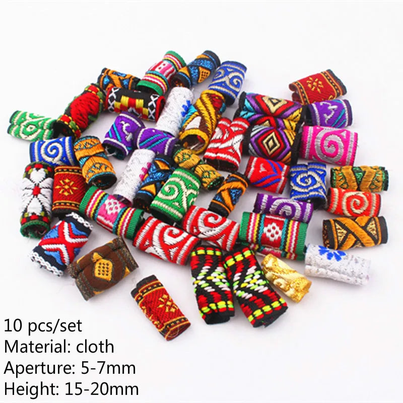 Mix Fabric Dread Dreadlock Tube Beads Clips Cuffs for Hair Braid Beads 10pcs