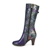 Purple Embossed Dragonfly Genuine Leather Long Boots