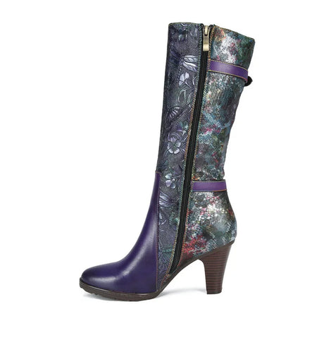Purple Embossed Dragonfly Genuine Leather Long Boots