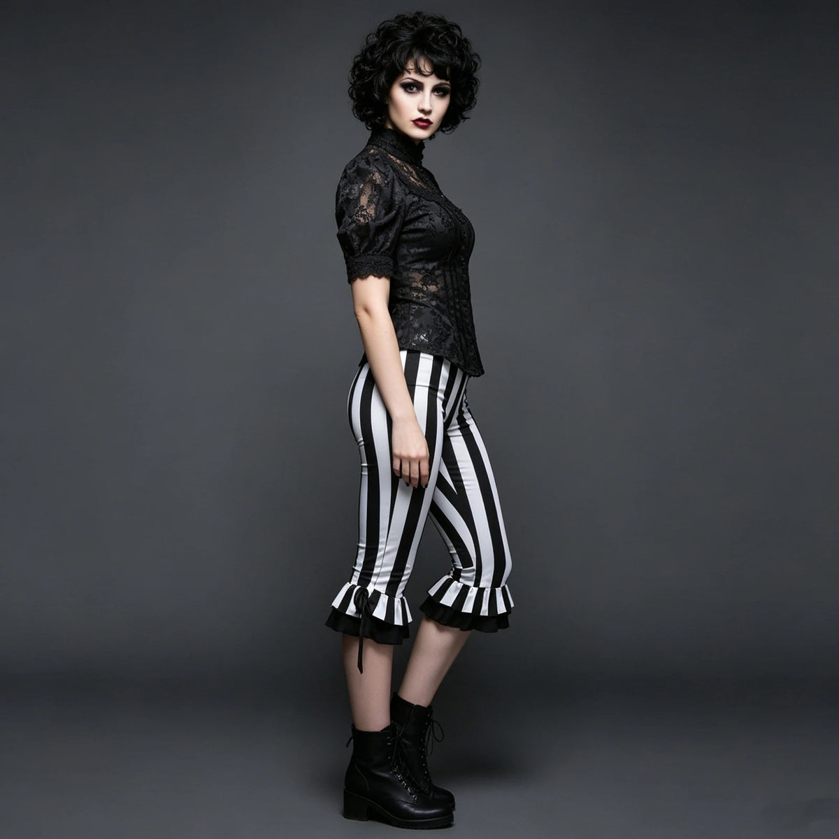 Women’s Black White Striped Capri Pants Slim Fit Bell Bottom Leggings Performance Wear Halloween Costumes