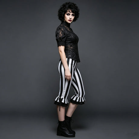 Women’s Black White Striped Capri Pants Slim Fit Bell Bottom Leggings Performance Wear Halloween Costumes