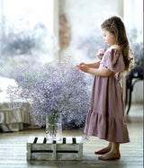 Girls Cotton and Hemp Bubble Sleeve Princess Dress