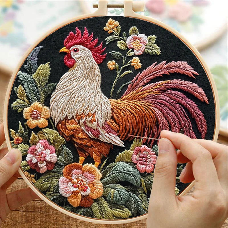 Rooster Embroidery Kit with Flowers for Beginners Needles Embroidery Thread DIY Craft