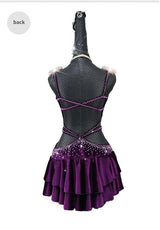 Purple Velvet  Latin Dance Competition Bustle Dress Line Skirts Stage Costume