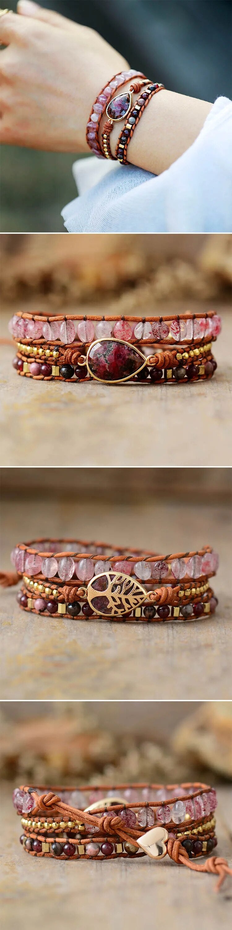 Rose Teardrop  Natural Stones 3 Strand Wrap Bracelets