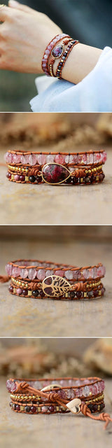 Rose Teardrop  Natural Stones 3 Strand Wrap Bracelets