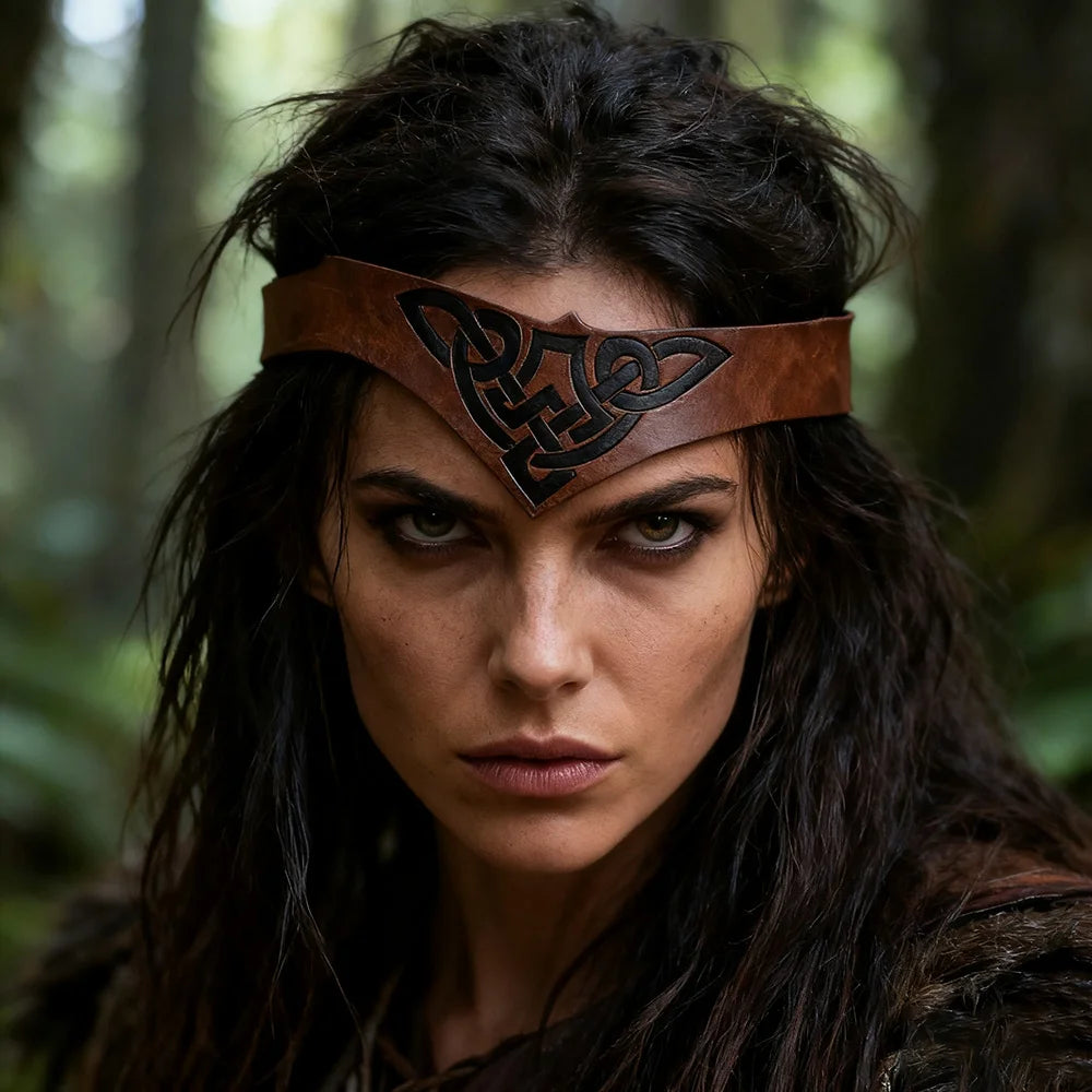 Viking Headband with Celtic Knot and Norse Rune Design Adjustable Faux Leather Accessory for LARP Cosplay