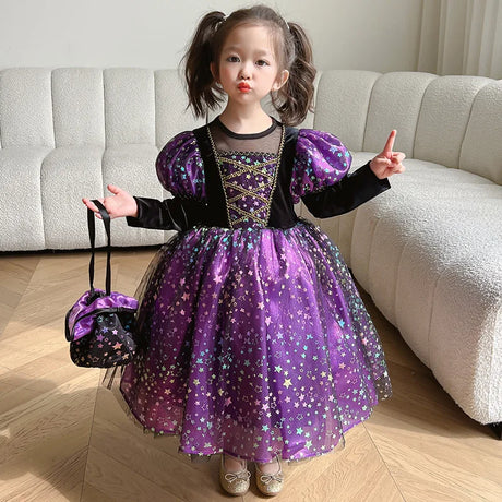 Purple Witch Girls Halloween Costume Star Tulle Party Dresses with Props