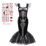 Halloween Mermaid Skeleton Costume Sets Gothic Girls Black Dress