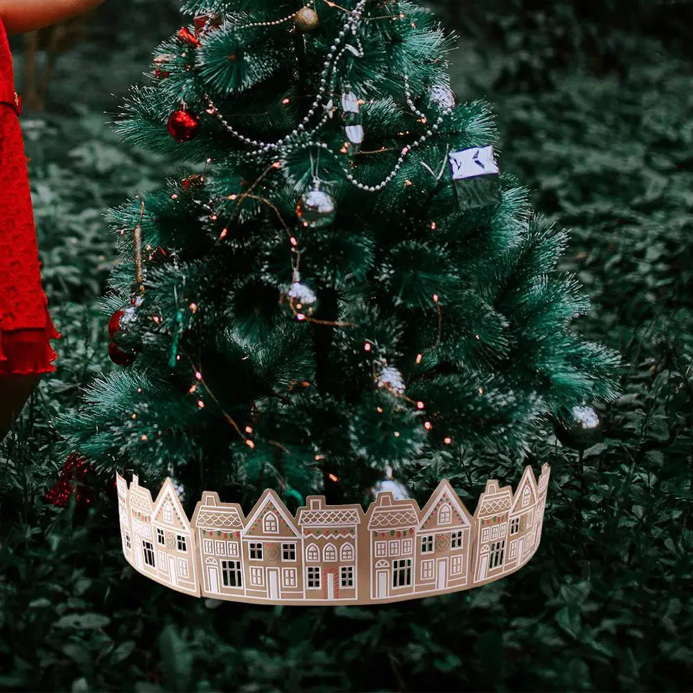 Gingerbread Houses Christmas Tree Collar with LED Lights Xmas Tree Skirt PVC Reusable Xmas Tree Base Cover