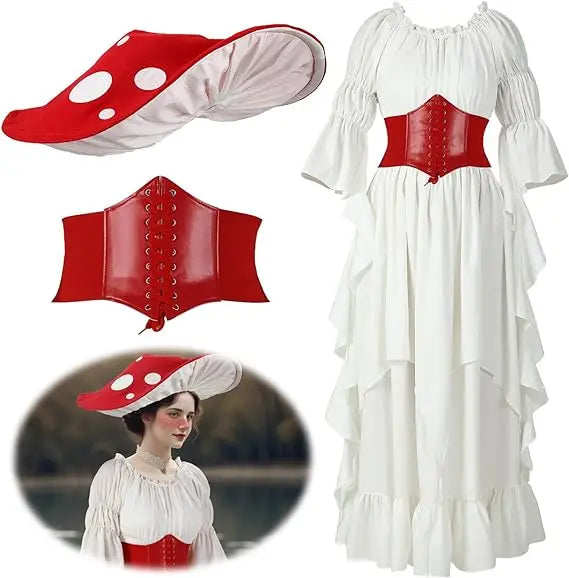 Victorian Mushroom Fairy Costume Hat Cinch Belt Dress Cosplay Halloween Adult Book Week Costume