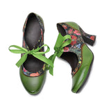 Sarah's Genuine Leather Green Pumps Heels Ribbon Lace Tie Shoes