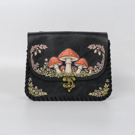 Red Mushroom Print PU Waist Bag Medieval Renaissance Distressed Faux Leather Flip Coin Belt Pouch