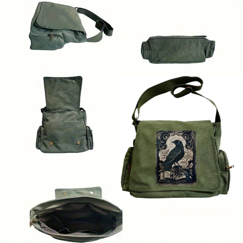 Raven Print Canvas Shoulder Bag Crossbody Messenger Bag