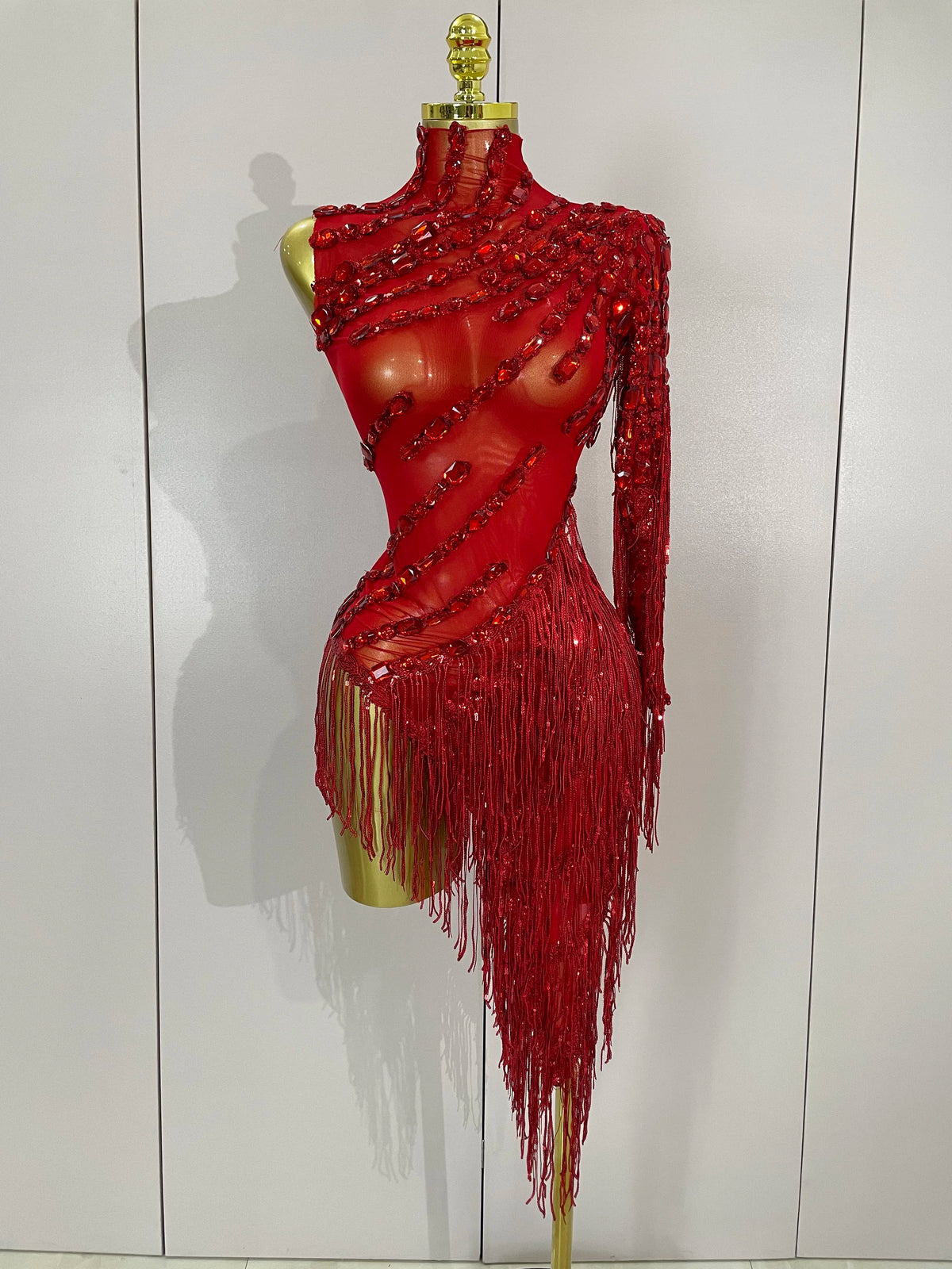 Sparkly Rhinestones Fringed Latin Dance Outfits Stage Performance Costume