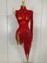 Sparkly Rhinestones Fringed Latin Dance Outfits Stage Performance Costume