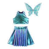 Festival Fairy Cosplay Costume Sleeveless Crop Top, High Waist Flared Skirt And Butterfly Wings Set