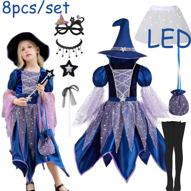 Girls Witch Outfit Halloween Party Costumes for Kids Dress Up With Bag Hat Wand