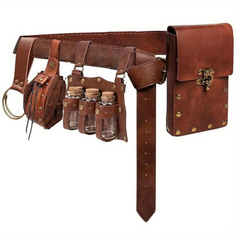 5Pcs/Set Medieval Faux Leather Belt Waist Bag Renaissance Steampunk Cosplay Accessories Set ﻿