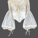 French Court Blouse Chiffon Lace Lace-up Top