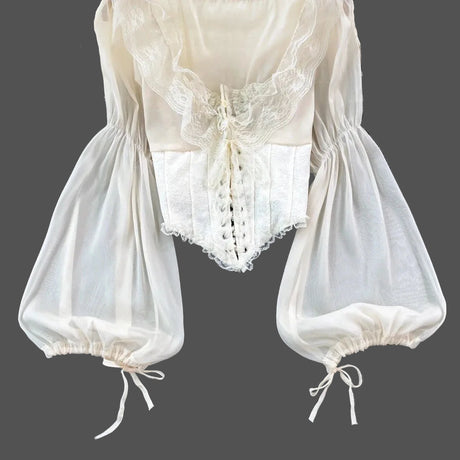French Court Blouse Chiffon Lace Lace-up Top