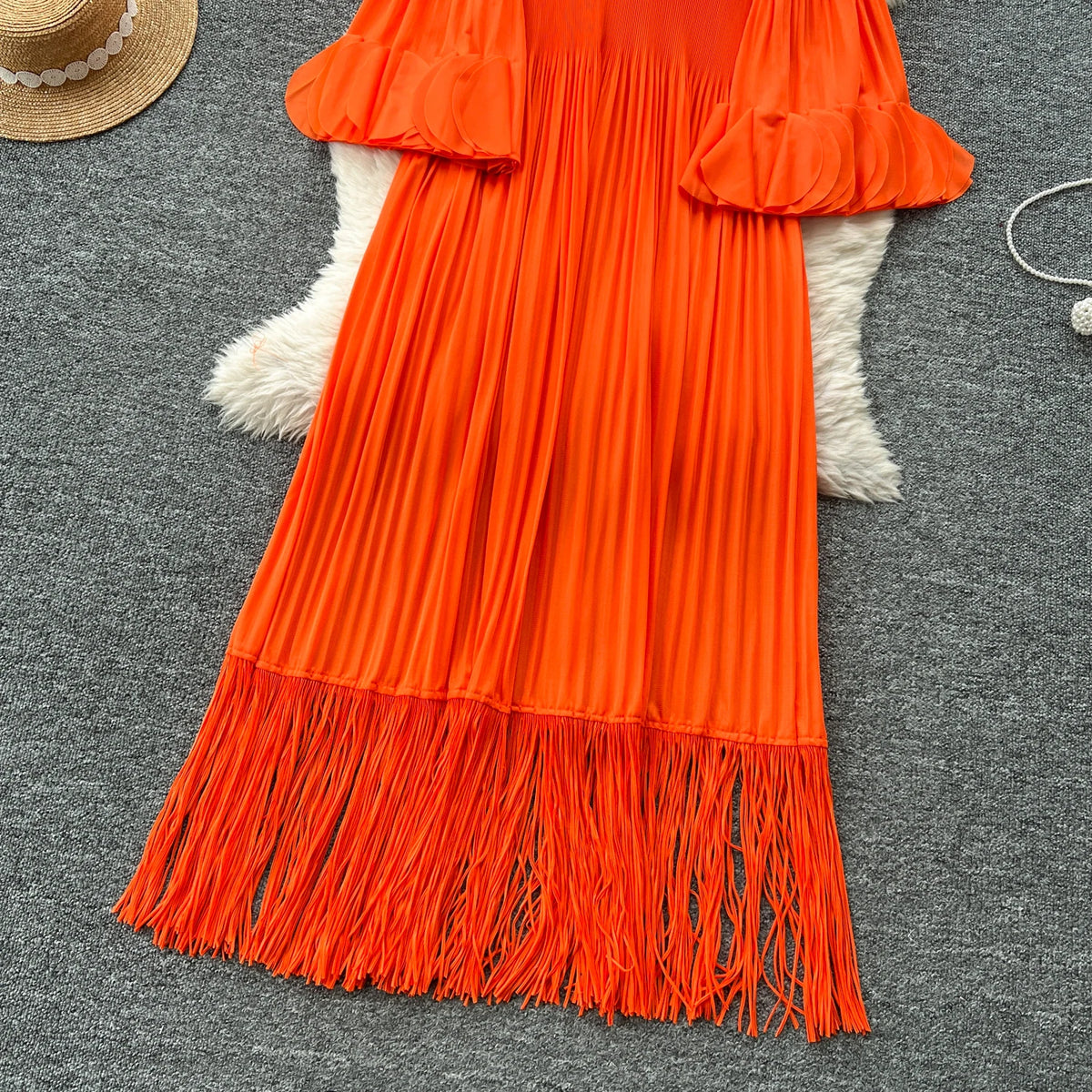 Petal Sleeves Pleated Tassel Dress Eight Colours
