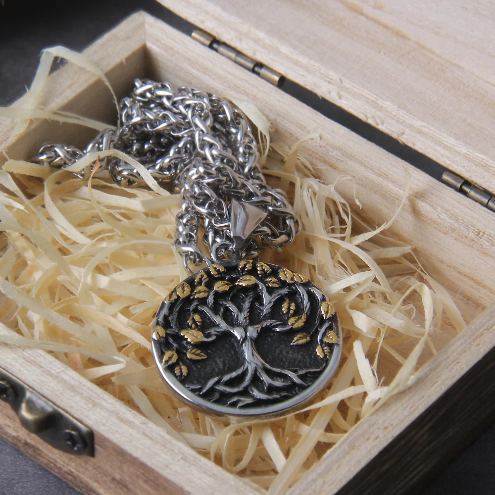Tree of Life Amulet Stainless Steel Pendant Necklace with Wooden Gift Box