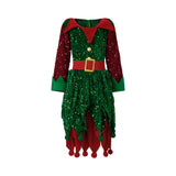4 Pcs Kids Christmas Costumes Girls Santa's Elf Costume Sequinned Elf Dress Shoes Stockings and Hat