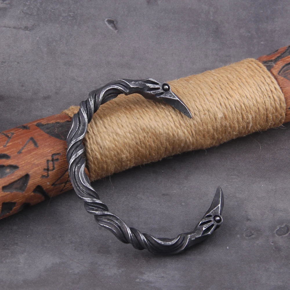 Stainless Steel Nordic Viking Norse Raven Cuff Bangle Mens Gift with Wooden Box