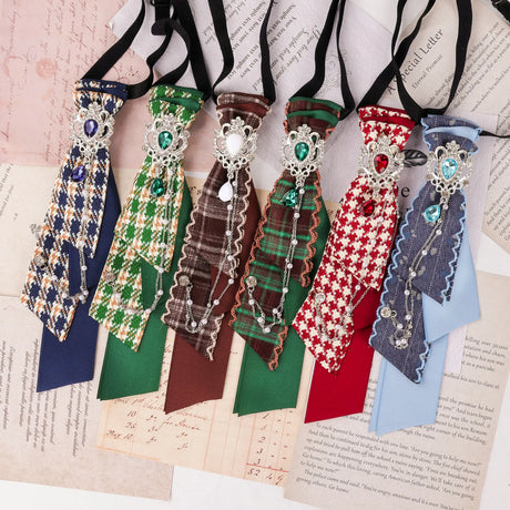 Dark Academia Jabot Plaid Short Necktie Rhinestone Brooch Pearl Chain