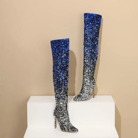 Galaxy Thigh High Boots Gradient Sequin Stretch Boots 11CM Heels