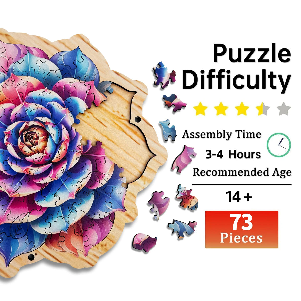 Rainbow Rose 73 Pieces Unique Shapes Wooden Jigsaw Puzzles