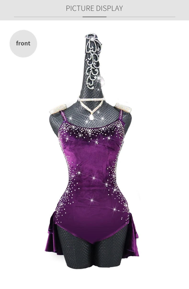 Purple Velvet  Latin Dance Competition Bustle Dress Line Skirts Stage Costume