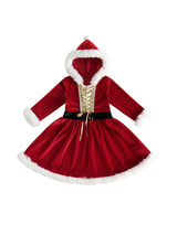 Girl Christmas Hood Dress 1-6Y Toddler Long Sleeves Cross Tie Winter Party Dress