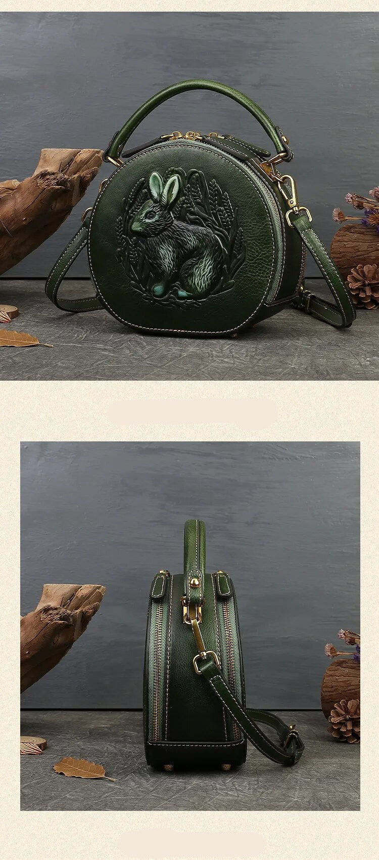 Embossed Rabbit Handbag Genuine Leather