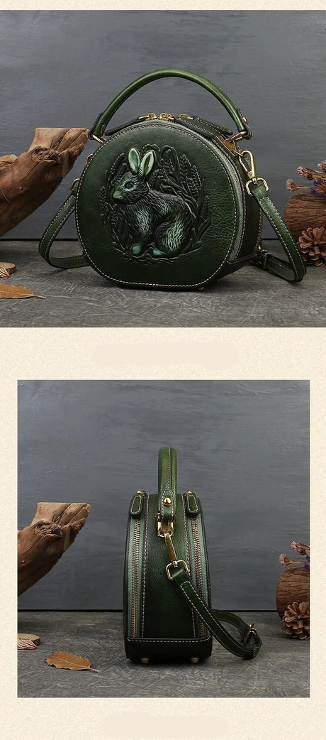 Embossed Rabbit Handbag Genuine Leather