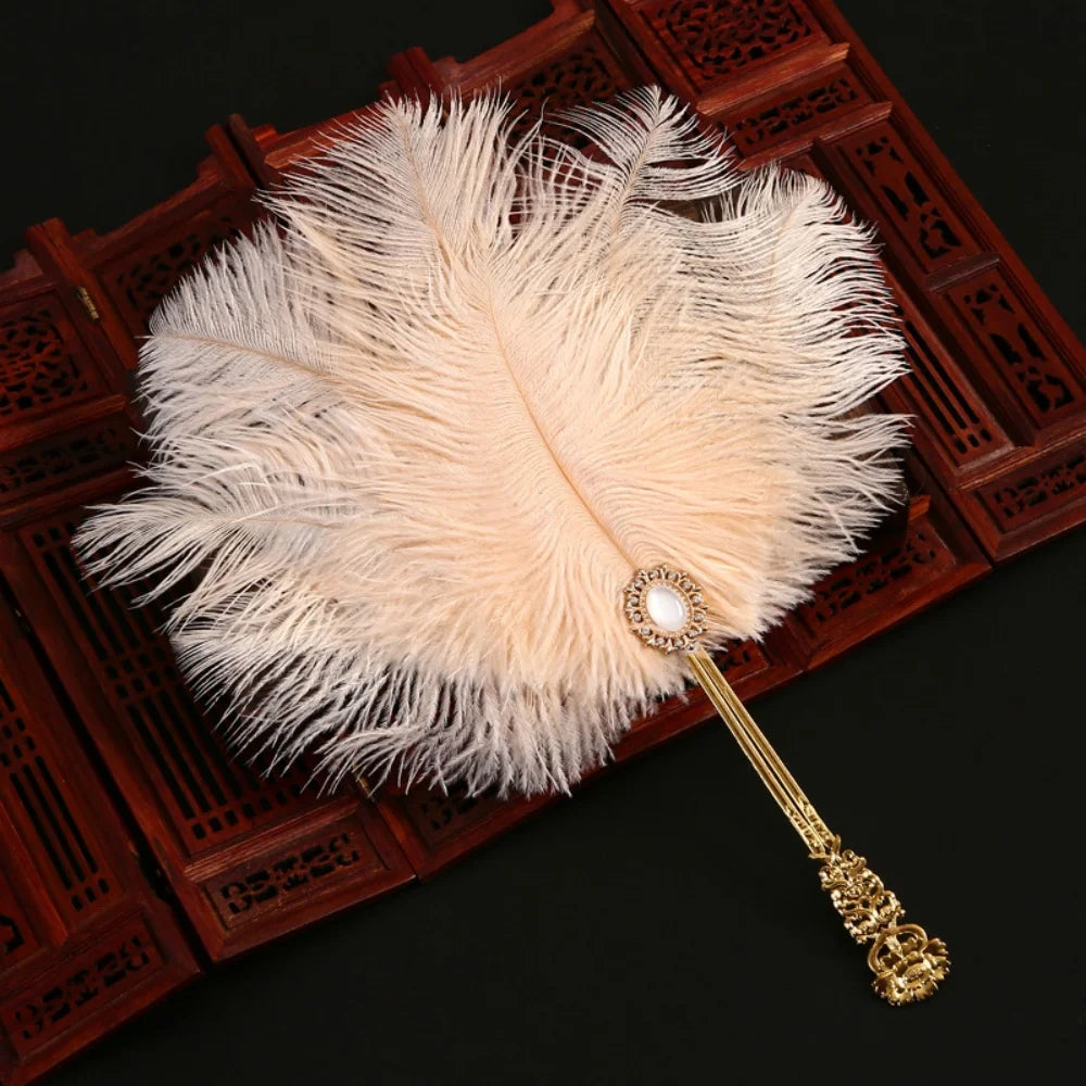 Ostrich Feather Fan Round Fan with Golden Hollow Handle Court Dance Hand Fans