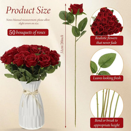 50 Pcs Velvet Roses Artificial Flowers Real Touch Fake Roses Valentine's DIY Wedding Bouquet Home Decor