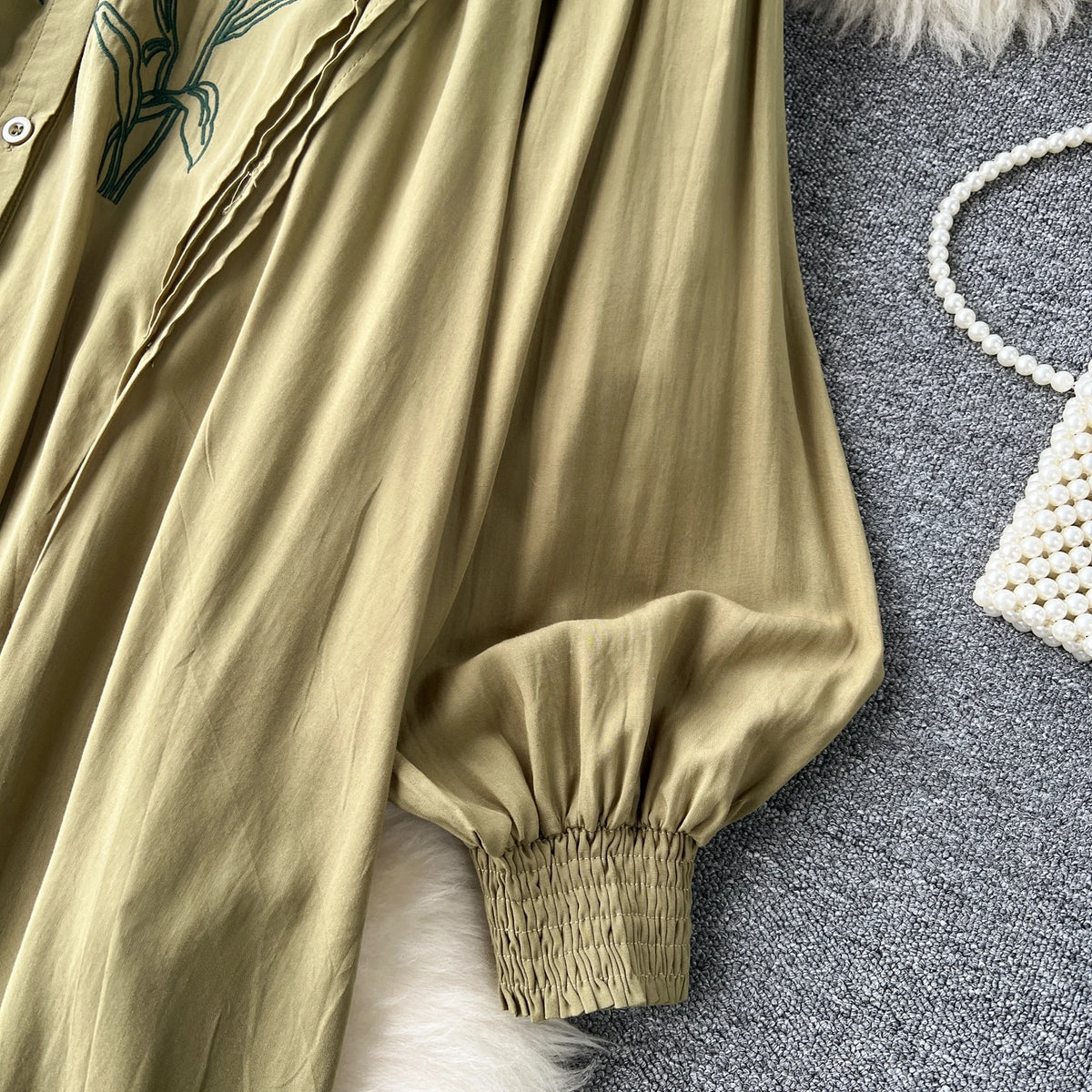 Olive's Embroidered Long Sleeve Shirt Dress
