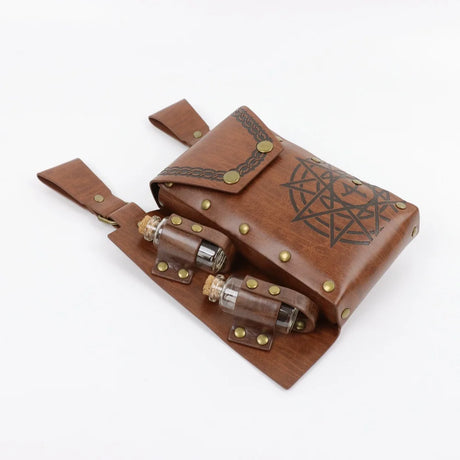 Pentagram Witch PU Leather Belt Pouch With Potion Bottles Medieval Alchemist Hip Bag Wizard Cosplay