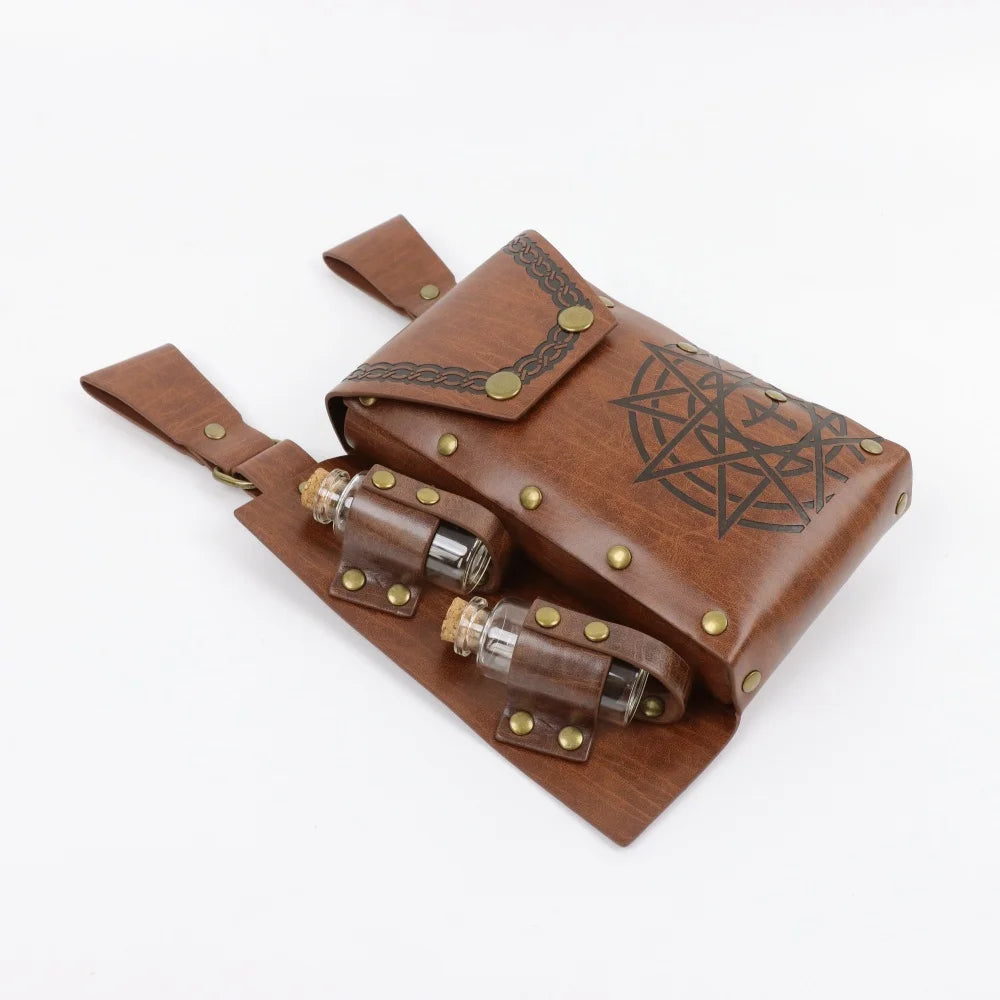 Pentagram Witch PU Leather Belt Pouch With Potion Bottles Medieval Alchemist Hip Bag Wizard Cosplay