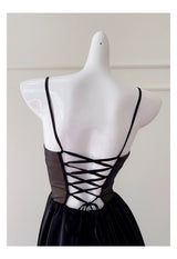 Justine's French Black Lace Sling Spliced Ruffles Bandage Backless Dress