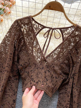 Lace Crop Top Black/White/Brown Long Lantern Sleeve
