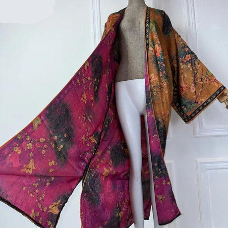 Angel's Double-sided Printed Silk Feel Duster Boho Cover Up Long Sleeve Kimono