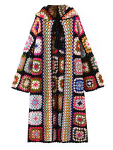 Granny Square Hand Crochet Mohair Hooded Long Cardigan