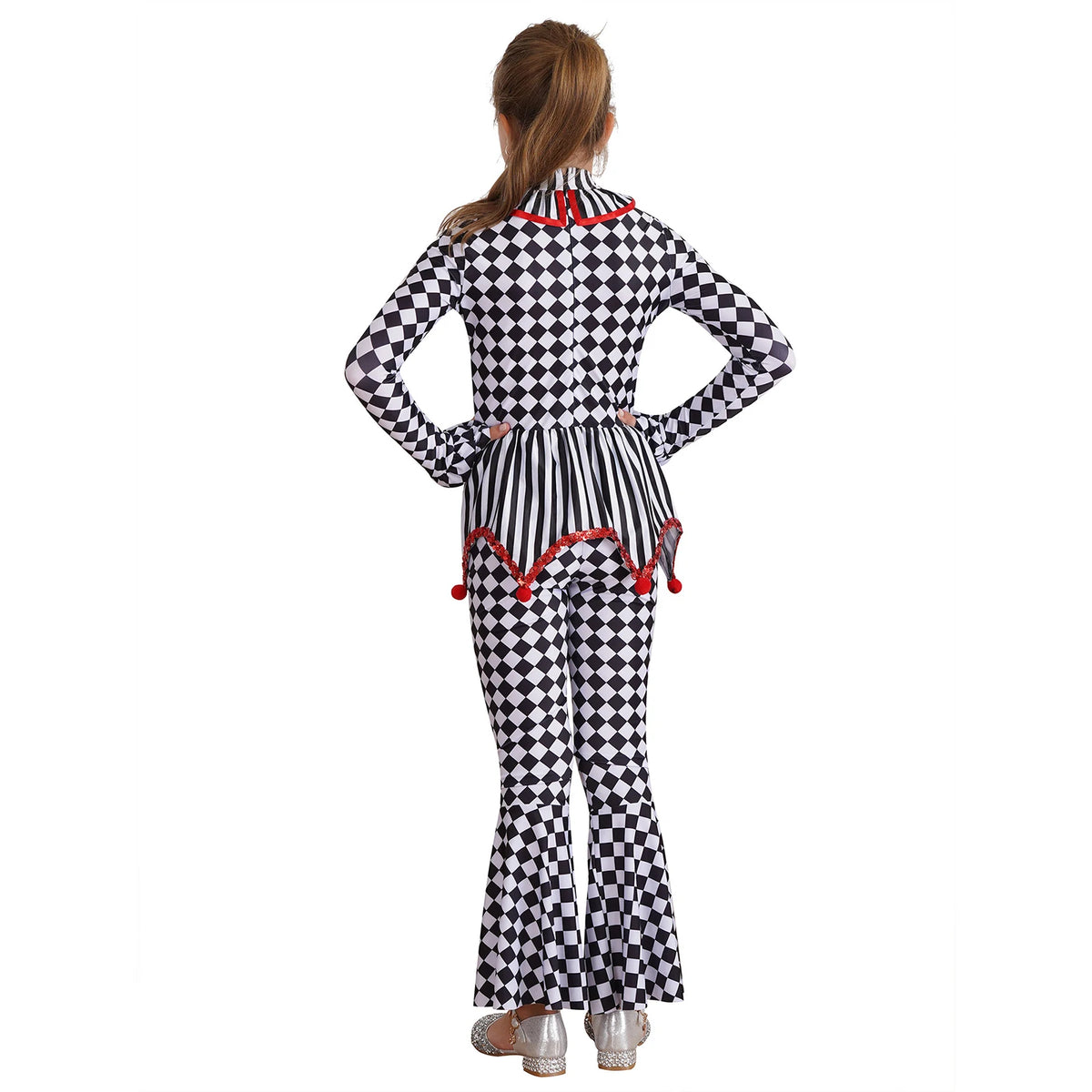 Kids Girls Halloween Harlequin Circus Clown Cosplay Costume Pom Poms Checkerboard Jumpsuit